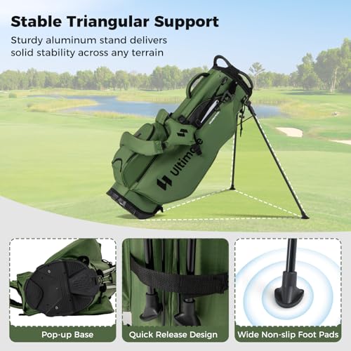 ULTIMATE Golf Stand Bag, 8-Way Golf Bag with 5 Pockets, Rain Hood, Detachable Dual Shoulder Strap, Lumbar Pad, Handles, Portable Golf Club Bag for Men & Women - color: Green