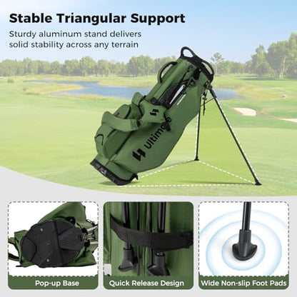 ULTIMATE Golf Stand Bag, 8-Way Golf Bag with 5 Pockets, Rain Hood, Detachable Dual Shoulder Strap, Lumbar Pad, Handles, Portable Golf Club Bag for Men & Women - color: Green