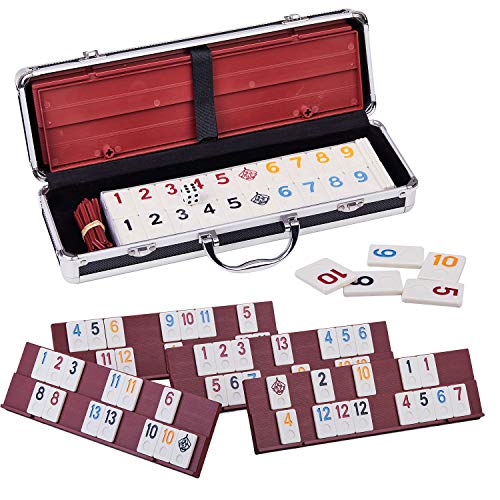 Doublefan Rummy Cube 4 Player Edition, 106 Rummy Cube Game Set with with 4 Plastic Racks in Portable Aluminum Case, Classic Board Game for Adults and