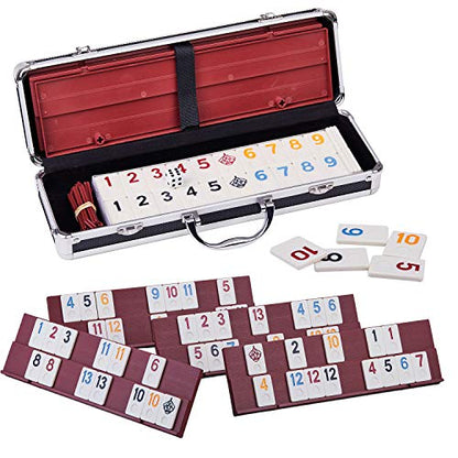 Doublefan Rummy Cube 4 Player Edition, 106 Rummy Cube Game Set with with 4 Plastic Racks in Portable Aluminum Case, Classic Board Game for Adults and