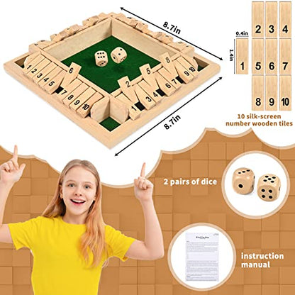 1-4 Players Shut The Box Dice Game, 10 Numbers Traditional Wooden Pub Bar Board Family Table Mat Game Dice for Adults - color: Wood, size: 8.7in