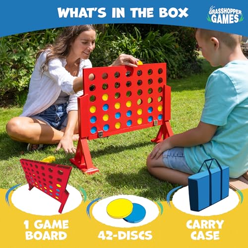 Giant 4-in-A-Row - Classic Connecting Game, Wood Set, Indoor-Outdoor Play, Travel Bag, Party-Table-Backyard Activity, Family Age 3+