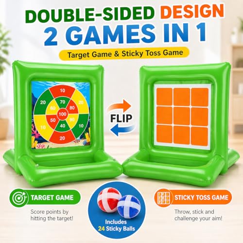 Pool Toys for Kids & Adults, 2-in-1 Dart Board and Tic Tac Toe Pool Game with 24 Sticky Balls, Family Summer Water Games for Backyard, Pool Party and Swimming Pool, Green - color: Green