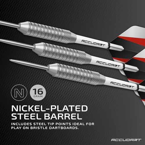 Accudart Steel Tip Dart Set 1.0 – 16g Nickel‑Plated Steel Barrels, Knurled Grip, Polycarbonate Shafts, Standard Flights – Ideal Beginner Steel‑Tip Darts for Bristle Boards