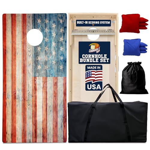 Cornhole365 Complete Cornhole Board Set - Includes Solid Wood Cornhole Board, 8 All-Weather Cornhole Bags, Portable Carrying Case & String Tote Bag Outdoor Game Bundle - color: Rustic Wood Planks American Flag
