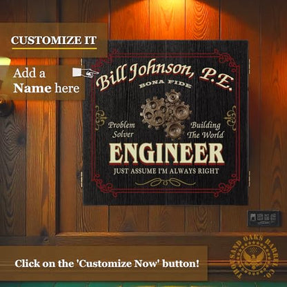 THOUSAND OAKS BARREL Personalized Engineer Dart Cabinet - Imprinted Dart Board Cabinet for Office - Dartboard Cabinet Set with Scoreboard, 6 Steel Tip Darts, Chalk & Eraser (21.5" x 21" x 2.125") - style: Engineer Dartboard & Cabinet Set