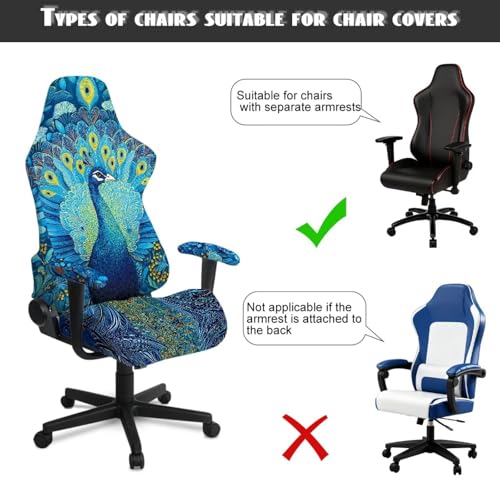 Peacock Print 4Pcs Gaming Chair Cover Set Comfortable Breathable Computer Office Chair Cover with Armrest Covers Universal Fit for Desk/Swivel/Rotating Chairs Protector - color: Blue - Peacock
