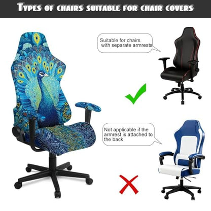 Peacock Print 4Pcs Gaming Chair Cover Set Comfortable Breathable Computer Office Chair Cover with Armrest Covers Universal Fit for Desk/Swivel/Rotating Chairs Protector - color: Blue - Peacock
