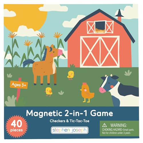 Stephen Joseph, Magnetic Checkers and Tic-Tac-Toe, 40 pc Magnetic 2 in 1 Travel Play Set – Fun Game for Families, Ideal for Ages 3+ – Travel Game for Kids with Travel Tin, Farm