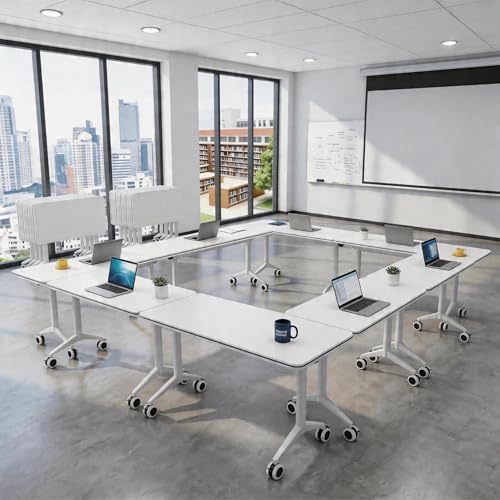 Folding Conference Table with Wheels, Mobile Flip-Top Training Table, Modular Space-Saving Meeting Table for Office, Classroom, Seminar, Library (10, White, 55IN) - color: White, size: 55IN