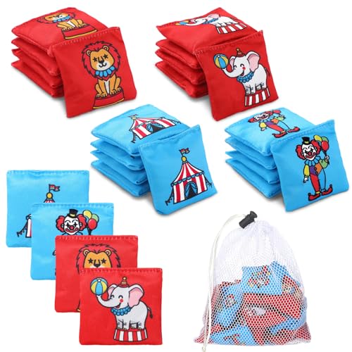 21 Pcs Carnival Party Toss Game Supplies Cornhole Bean Bags with White Mesh Drawstring Bag 2 x 2 Inch Lion Clown Elephant Tent Blue Red Beanbags for Circus Toss Party Toy Throwing Games - color: Carnival