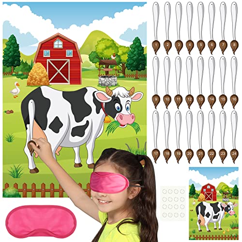 PLULON Pin The Tail on The Cow Party Game for Kids, Cow Farm Themed Animal Birthday Games Poster with Tail Stickers for Kids Farm Animal Donkey Party Favors Home Wall Decorations - style: Cow