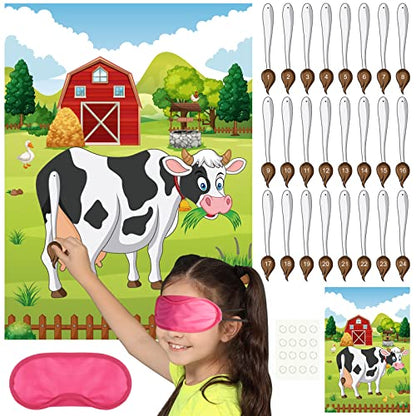 PLULON Pin The Tail on The Cow Party Game for Kids, Cow Farm Themed Animal Birthday Games Poster with Tail Stickers for Kids Farm Animal Donkey Party Favors Home Wall Decorations - style: Cow