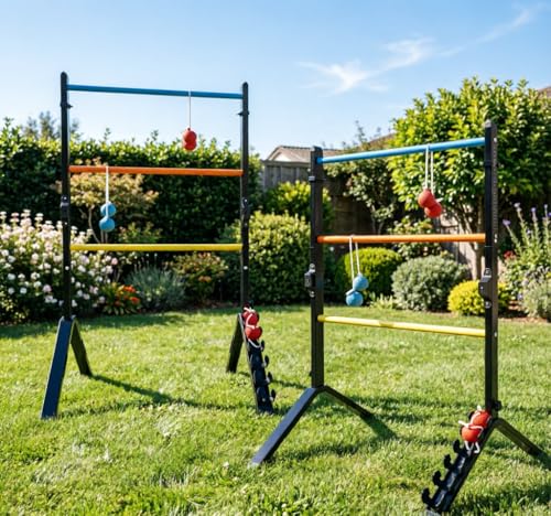 Steel Ladder Toss Game Set,Heavy-Duty Metal 2 Pack Ladder Ball Rack with 6 Bolas & Scorekeeper,Assembly-Free Outdoor Yard Games for Adults &teens Portable Lawn Toss for Camping, Beach,Backyard Party