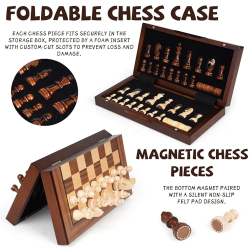 2 in 1 Magnetic Wooden Chess and Checkers Board Game Set, 12" Folding Chess Boards, Portable Travel Chess Sets with Pieces Storage Slots, Beginner Chess Game Set for Kids and Adults