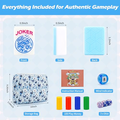 Jolitac American Mahjong Game Set, 166 Premium Tiles, 1.2-inch Mahjong Tile Set with Sturdy Carrying Bag, Thickened Mah-Jongg Tiles Bag Portable Travel Complete Mahjong Set - color: Blue