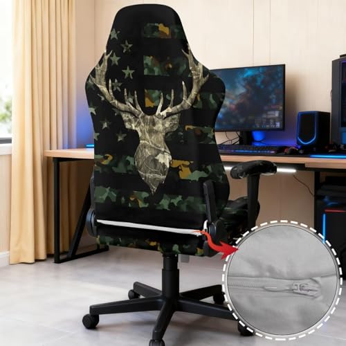 Deer American Flag Camouflage Print Gaming Chair Cover 4 PCS Stretchable Washable Computer Chair Seat Slipcovers Fits Office Chairs Racing Gamer Chair Covers - color: Deer American Flag Camouflage