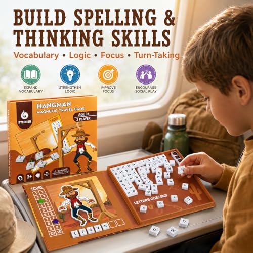 Magnetic Hangman Game for Kids Ages 4-10, Reusable Travel Word Game, Screen-Free Learning Toy for Road Trips, Airplane Activities and Car Rides - color: Hangman