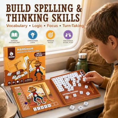 Magnetic Hangman Game for Kids Ages 4-10, Reusable Travel Word Game, Screen-Free Learning Toy for Road Trips, Airplane Activities and Car Rides - color: Hangman