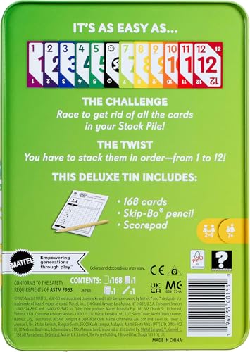 Mattel Games Skip-Bo Deluxe Card Game for Kids, Grown-Ups & Family Nights in Tin Packaging, Color Blind Accessible Deck for 2 to 6 Players Ages 7+ (Amazon Exclusive) - style: Skip-Bo Deluxe