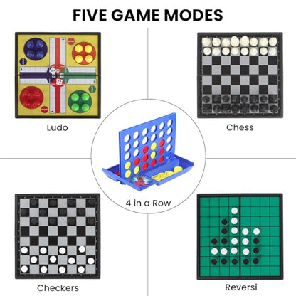 5 in 1 Mini Travel Games Set with 4 Foldable Chess Boards and 5 Sets of Chess Pieces - Magnetic Checkers, Chess,Ludo, Reversi, 4 in a Row Game & Storage Bag, Mini Games for Road Trip, Camping,Party