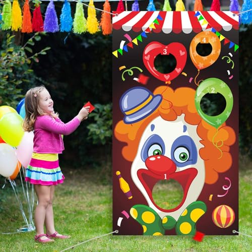 Blulu Carnival Toss Games Banner with 3 Bean Bags Halloween Carnival Game for Kids and Adults Circus Theme Party Decorations for Birthday Family Fun Throwing Indoor Outdoor - style: Clown