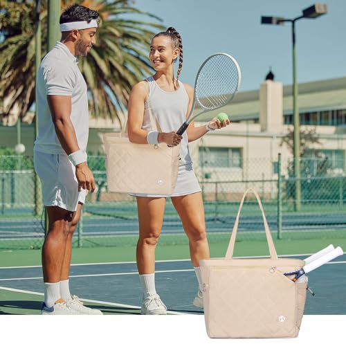 KAVIGOR Tennis Tote Bag with Shoe Compartment - Extra-Large Quilted Pickleball Bag Holds 2-4 Rackets, Water-Resistant & Lightweight for Men & Women - color: Khaki