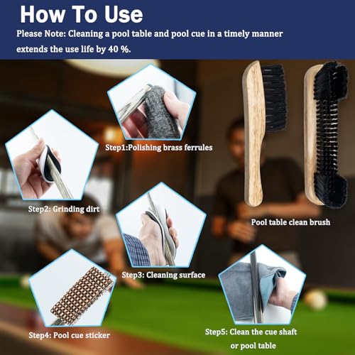 Pool Table Brush for Felt, Pool Table Cleaning Kit with Pool Cue Shaft Cleaning, Pool Cue Smoother and Burnisher, Cloth and Pool Stick Slicker, Ferrule Polishing Cotton Billiard Pool Accessories