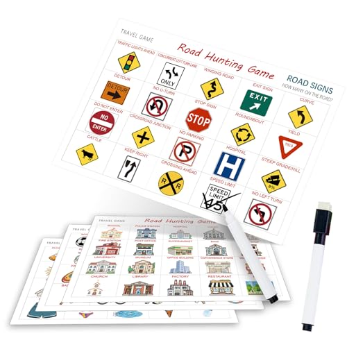 Road Hunting Game Travel Activity Set for Kids | Educational Learning Cards, Dry Erase Marker Included, Car Games