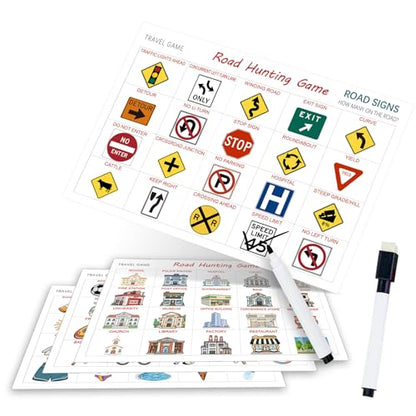 Road Hunting Game Travel Activity Set for Kids | Educational Learning Cards, Dry Erase Marker Included, Car Games