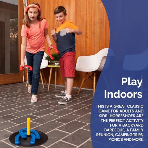 Indoor Outdoor Rubber Horseshoes Set: 4 Horseshoes, 2 Pegs, 2 Rubber Mats, 2 Red Plastic dowels & 1 Mesh Bag | Perfect for Tailgate, Beach, Parks, Picnics, Backyard, Fun for Kids Adults