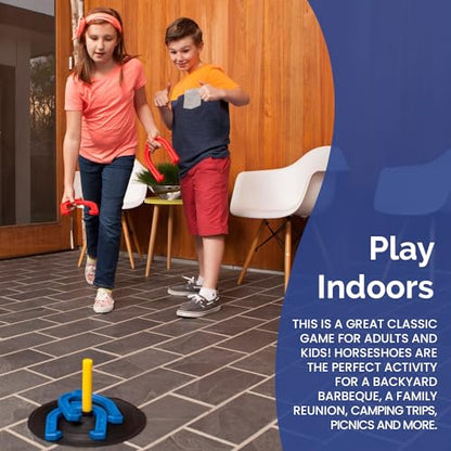 Indoor Outdoor Rubber Horseshoes Set: 4 Horseshoes, 2 Pegs, 2 Rubber Mats, 2 Red Plastic dowels & 1 Mesh Bag | Perfect for Tailgate, Beach, Parks, Picnics, Backyard, Fun for Kids Adults