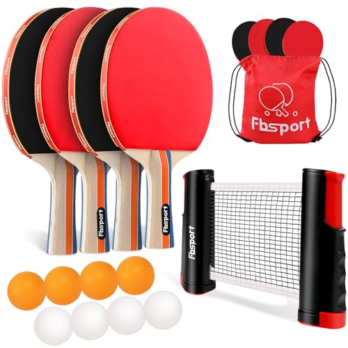 FBSPORT Ping Pong Paddle Set, Table Tennis Set with 4 Rackets and 8 Balls, Retractable Net with Storage Bag - Pingpong Paddle Accessories for Indoor/Outdoor Games - color: 4 Paddles-Black/Red