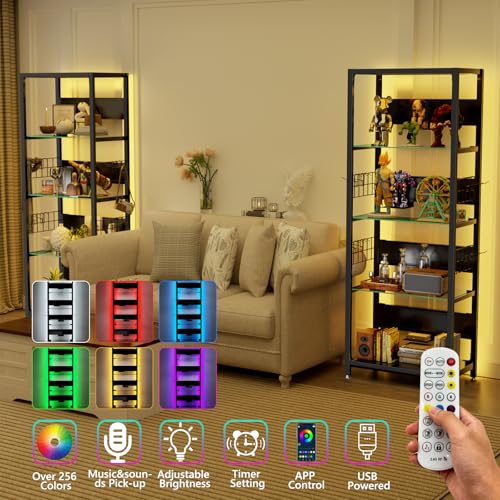 4-Tier Glass Display Shelf for Collectibles, Display Case with LED Lights and Open Glass Storage Shelf, Lighted Tall Narrow Shelf, Metal Curio Cabinet with Hooks for Gaming Room, Living Room, Bedroom - size: 65 x 23.6 x 13.8 in -4-Tier
