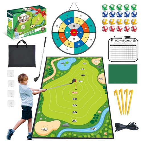Golf Chipping Game Mat with Target, Hitting Mat, Practice Mat Outdoor & Indoor Golf Games for Kids & Adults,Sticky Score Playing Club & Balls for Backyard Garage Home Game