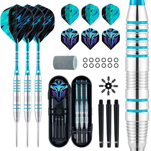 XAWU 3 Pack Steel Tip Darts Set Professional Darts 22g, 24g with 9 Dart Flights 3 Aluminum Shafts 3 Spare Shafts 1 Dart Sharpener 12 Rubber O-Rings Flight Protector and Darts Case - color: 24g Moonlight Blue