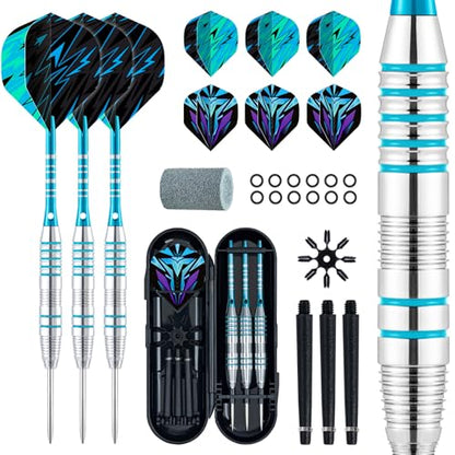 XAWU 3 Pack Steel Tip Darts Set Professional Darts 22g, 24g with 9 Dart Flights 3 Aluminum Shafts 3 Spare Shafts 1 Dart Sharpener 12 Rubber O-Rings Flight Protector and Darts Case - color: 24g Moonlight Blue