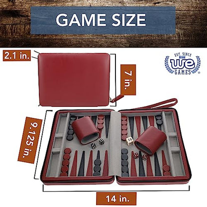 WE Games Backgammon Set, Board Games for Adults - Travel Games - Magnetic with Burgundy Leatherette Backgammon Board and Carrying Strap - Travel Backgammon Sets for Adults - color: Burgundy