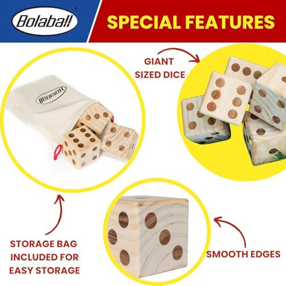 Bolaball 3.5" Giant Wooden Yard Dice Set Pack of 24 for Outdoor Fun, Barbeque, Party Events, Backyard Games, Beach Games, Lawn Game Includes 6 Dice and a Carry Bag for Easy Storage