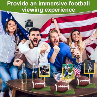 6 Set Football DIY Table Centerpiece Decor Set Includes Mini Footballs, Artificial Turf, Rugby Hoop Photo Goalposts, Football Tabletop Centerpiece Decoration for Game Birthday Party Favors