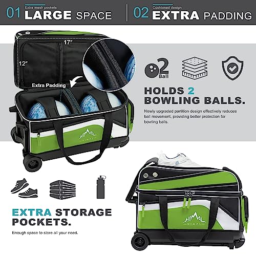 GoHimal Double Roller Bowling Bag, Shoe Compartment, Upgraded Fabric | Fits US men's size 15 shoes,multi pockets,retractable handle extends to 40",smooth-rolling wheels,lightweight design - color: Black-Green