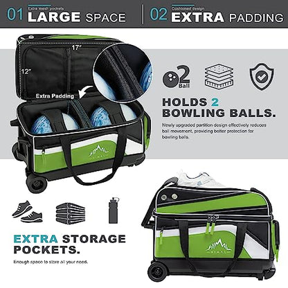 GoHimal Double Roller Bowling Bag, Shoe Compartment, Upgraded Fabric | Fits US men's size 15 shoes,multi pockets,retractable handle extends to 40",smooth-rolling wheels,lightweight design - color: Black-Green