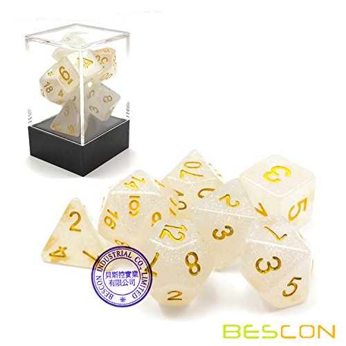Bescon Intensive Glitter DND Dice 7pcs Set Veil Mist, New Glitter Polyhedral Die Set d4 d6 d8 d10 d12 d20 d%, Brick Box Package - color: Veil Mist Set