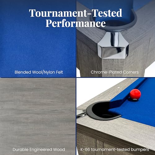 Hathaway Newport 7 Foot Pool Table Combo – 3 in 1 Game Table with Reversable Table Tennis Top & Dining Top – Includes Game Accessories & Two Benches – Chrome Accents, Rustic Gray Finish, Blue Felt