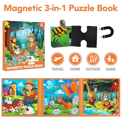 Magnetic Puzzles for Toddlers 3-5, Farm Animals Puzzles for Kids Ages 4-6 Toddler Puzzles, Educational Learning Magnets Travel Puzzels Road Trip Activities Toys for 3 4 5 6 Boys and Girls Gift - style: Farm