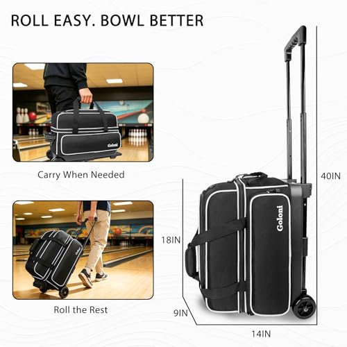 Goloni Double Roller 2 Ball Bowling Bag with Separate Shoe Compartment,2 Ball Bowling Bag with Wheels,Retractable Handle Extends to 40" - color: Black/white