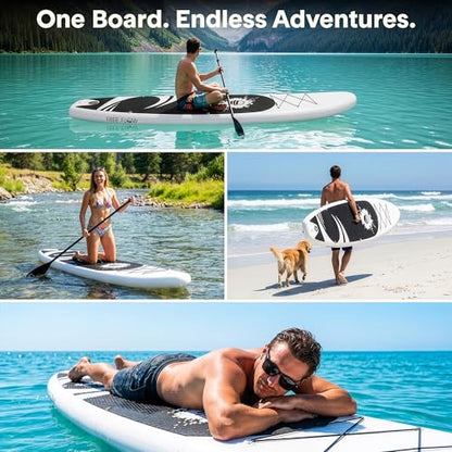SereneLife 10’6" Inflatable Stand Up Paddle Board with Premium SUP Accessories - Wide Stable Design with Non-Slip EVA Deck Pad, for Youth and Adults, 350 lbs. Capacity - color: Black/Grey