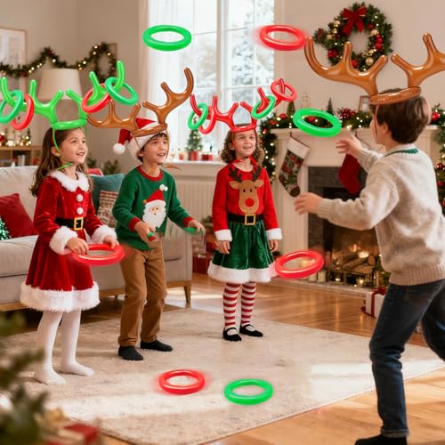 TOPLEE 20 Pieces Inflatable Reindeer Antlers Toss Game, Christmas Party Antler Hat Games for Kids Adults Family Indoor Outdoor Carnival Xmas Games(4 Antlers 16 Rings)