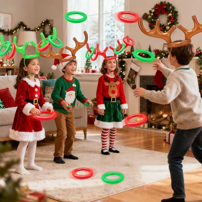 TOPLEE 20 Pieces Inflatable Reindeer Antlers Toss Game, Christmas Party Antler Hat Games for Kids Adults Family Indoor Outdoor Carnival Xmas Games(4 Antlers 16 Rings)