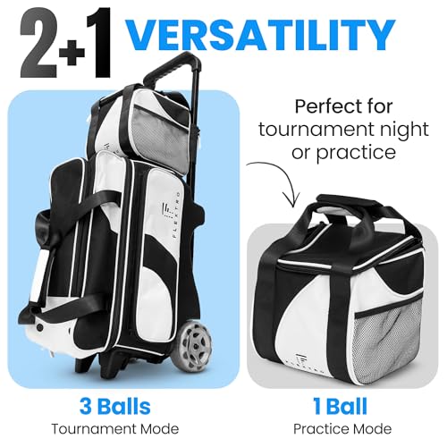 Flextro 3 Ball Bowling Bag with Wheels – 2+1 Modular Roller, 5-Inch Heavy-Duty Wheels, Zero-Wobble Aluminum Handle, Separate Shoe Compartment, Fits Men & Women